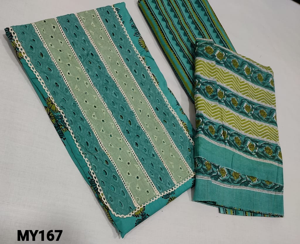 CODE MY167 : Printed turquoise Blue cotton unstitched Salwar material(requires lining)with hakoba cutwork and lace work on yoke, printed cotton bottom, printed mul cotton dupatta.
