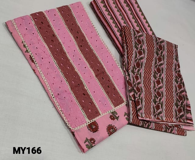 CODE MY166 : Printed Pink cotton unstitched Salwar material(requires lining)with hakoba cutwork and lace work on yoke, printed cotton bottom, printed mul cotton dupatta.