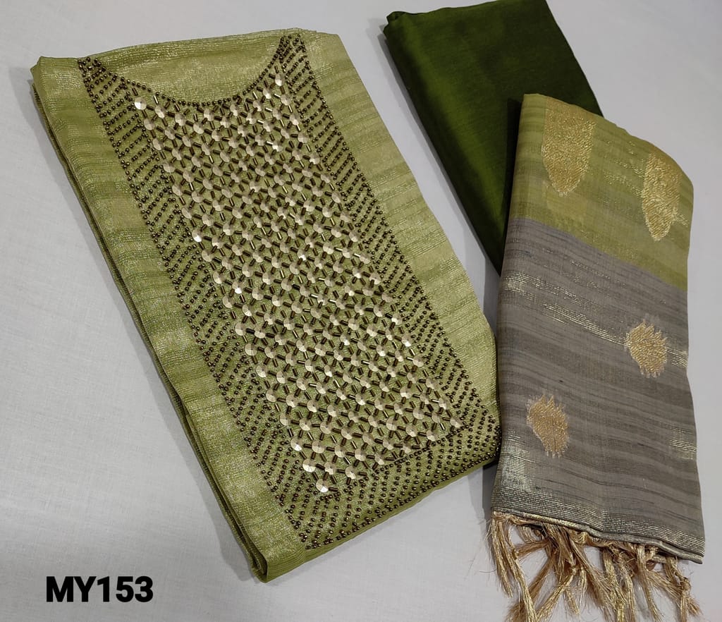 CODE MY153 : Designer Light Green Tissue Silk Cotton unstitched Salwar material(requires lining)with cut bead, sugar bead and sequence work on yoke, matching silk cotton bottom, antique zari woven buttas on dual shaded tissue silk cotton dupatta with tassels.