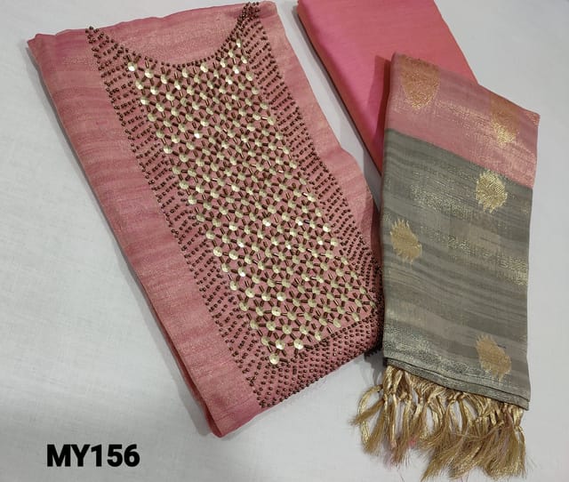 CODE MY156 : Designer Pink Tissue Silk Cotton unstitched Salwar material(requires lining)with cut bead, sugar bead and sequence work on yoke, matching silk cotton bottom, antique zari woven buttas on dual shaded tissue silk cotton dupatta with tassels.