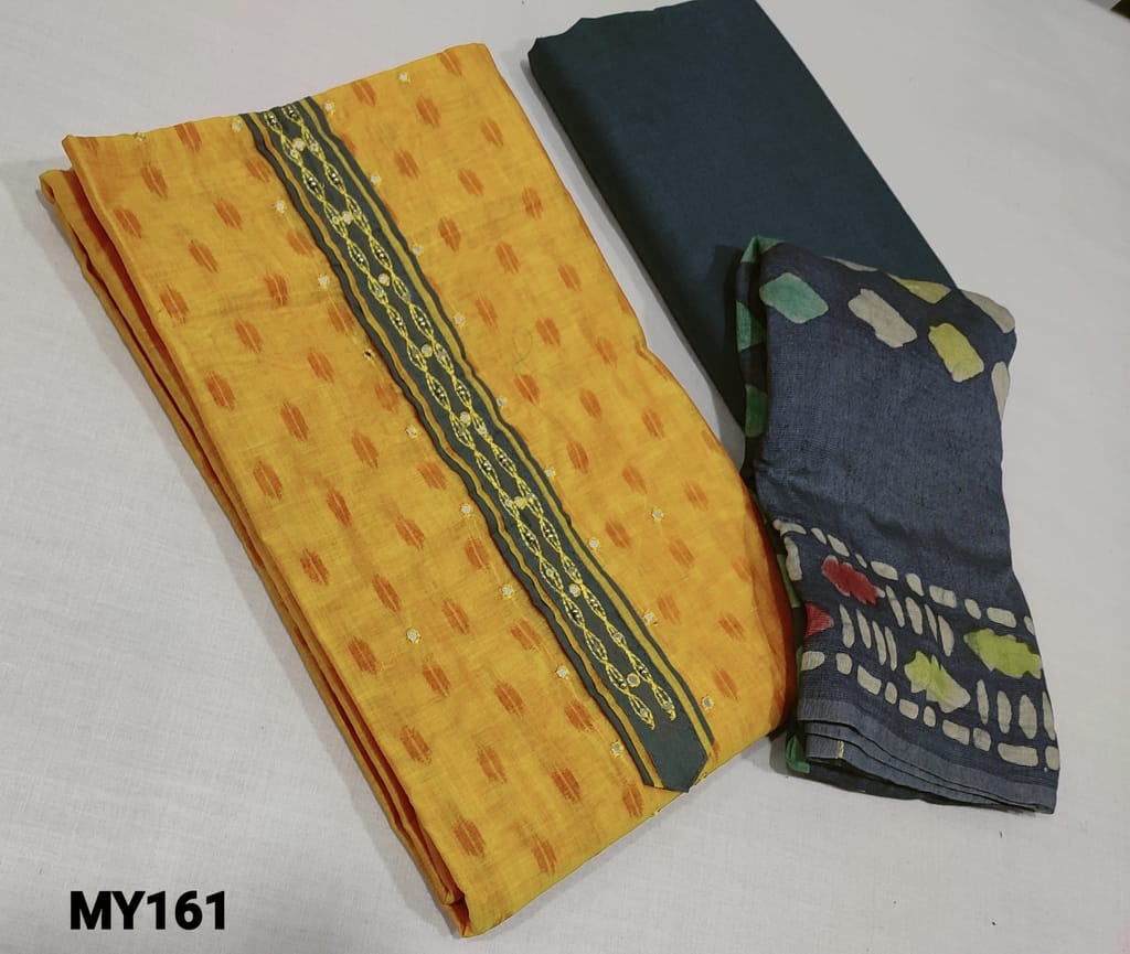 CODE MY161 : Printed Yellow Silk Cotton unstitched Salwar material(requires lining)with simple yoke, faux mirror work on frontside, grey cotton bottom, batik printed soft fancy silk cotton dupatta(requires taping)