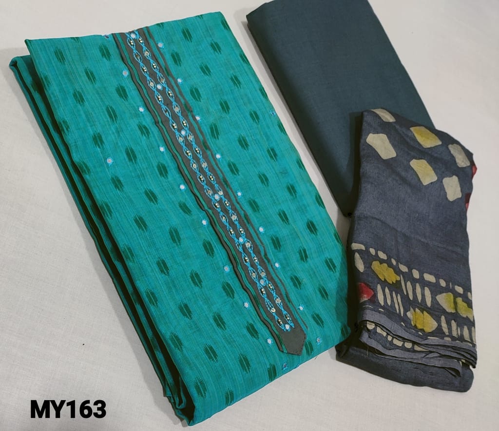 CODE MY166 : Printed Blue Silk Cotton unstitched Salwar material(requires lining)with simple yoke, faux mirror work on frontside, grey cotton bottom, batik printed soft fancy silk cotton dupatta(requires taping)