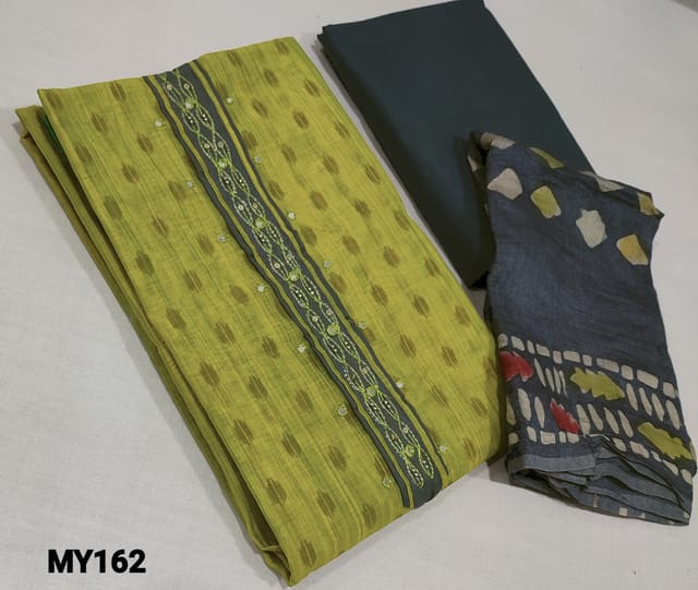CODE MY162 : Printed green Silk Cotton unstitched Salwar material(requires lining)with simple yoke, faux mirror work on frontside, grey cotton bottom, batik printed soft fancy silk cotton dupatta(requires taping)