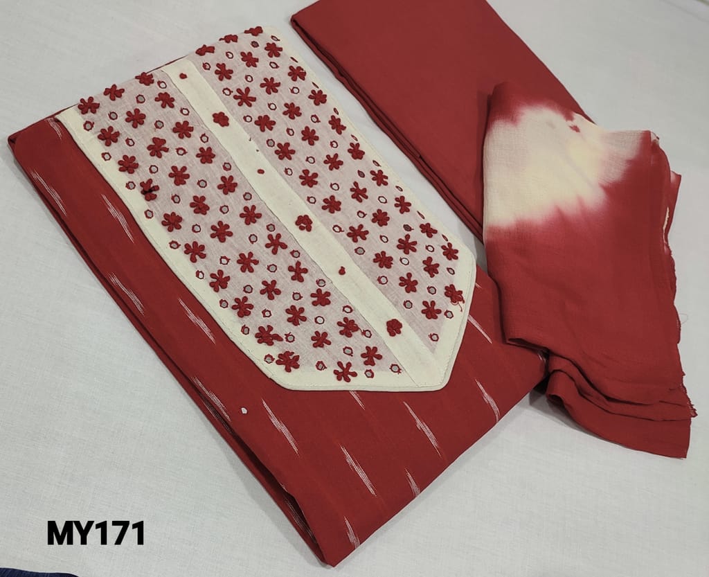 CODE MY171: Reddish Maroon Ikkat woven Cotton unstitched Salwar materials(lining optional) with thread and foil work on yoke, reddish maroon silk cotton or cotton bottom, Dual shaded chiffon dupatta