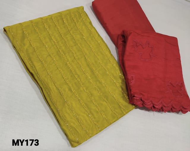 CODE MY173: Designer Mehandhi Yellow Silk Cotton unstitched Salwar materials(lining required) with thread and sequence work on frontside, reddish peach silk cotton or cotton bottom, fancy silk cotton dupatta with cutwork and cutwork edges.