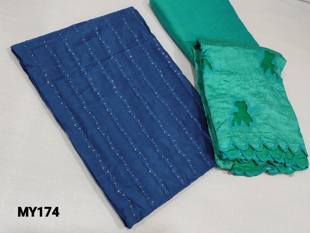 CODE MY174: Designer Blue Silk Cotton unstitched Salwar materials(lining required) with thread and sequence work on frontside, turquoise green silk cotton or cotton bottom, fancy silk cotton dupatta with cutwork and cutwork edges.