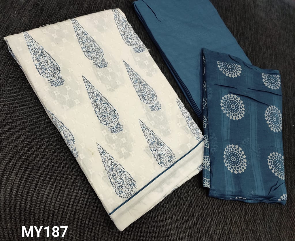 CODE MY187: Block printed White Cotton unstitched Salwar materials(lining required) with thread work on frontside, teal blue drum dyed cotton bottom, printed mul cotton dupatta(dupatta printed might vary)