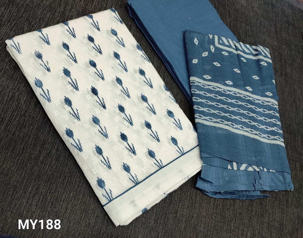 CODE MY188: Block printed White Cotton unstitched Salwar materials(lining required) with thread work on frontside, teal blue drum dyed cotton bottom, printed mul cotton dupatta(dupatta printed might vary)