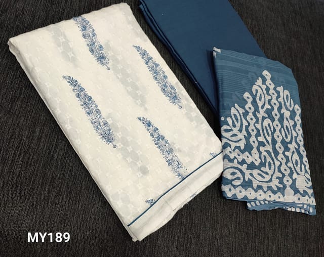 CODE MY189: Block printed White Cotton unstitched Salwar materials(lining required) with thread work on frontside, teal blue drum dyed cotton bottom, printed mul cotton dupatta(dupatta printed might vary)