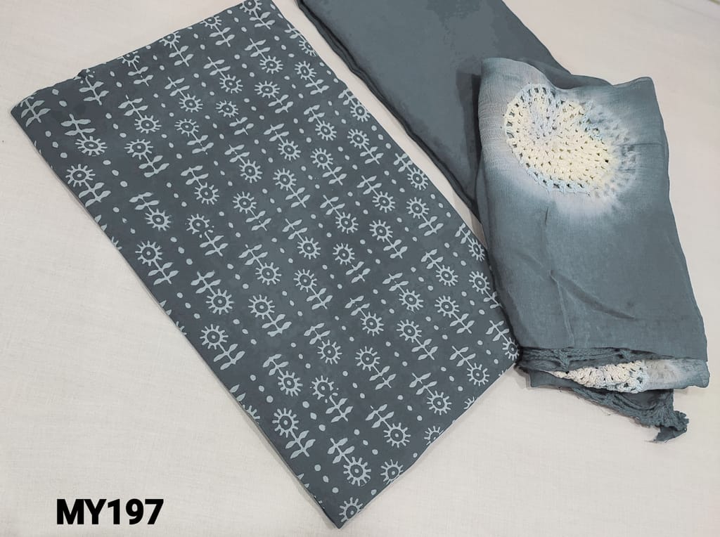 CODE MY197: Printed Grey Crepe fabric unstitched Salwar materials(lining required), matching santoon bottom, crochet work on premium chiffon dupatta with lace tapings.