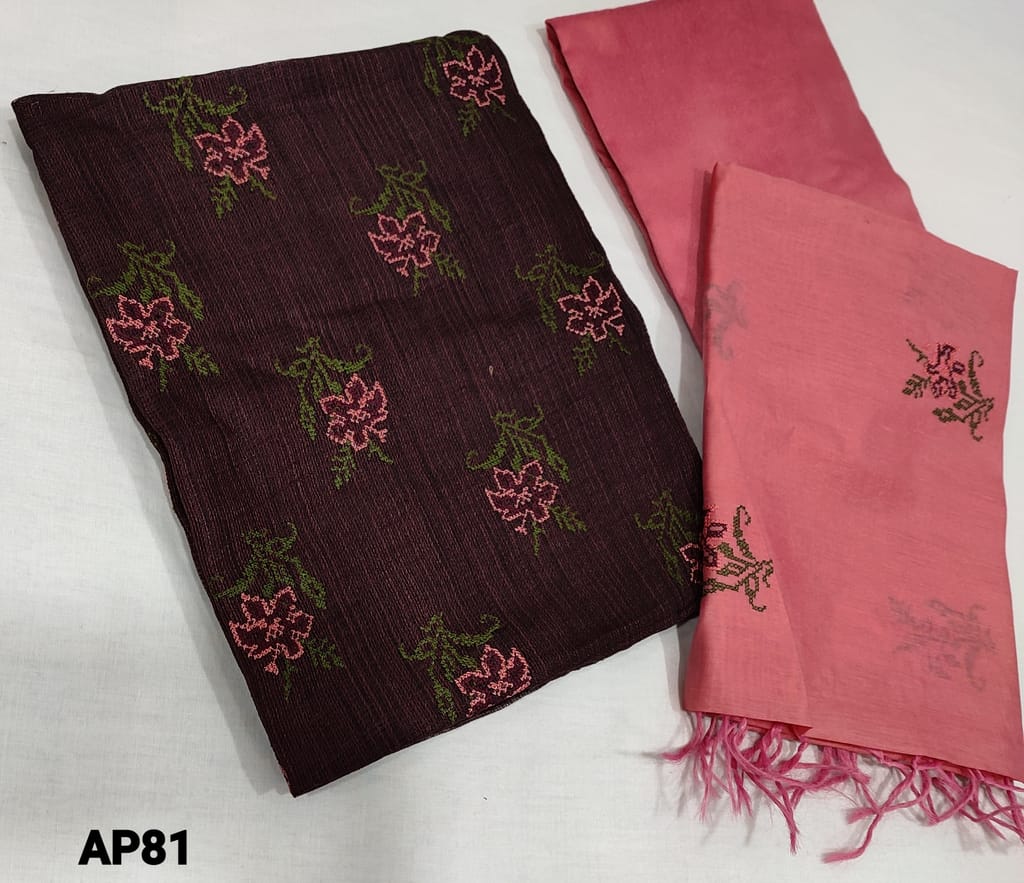 CODE AP81 :Maroon Fancy Kota Silk Cotton unstitched Salwar material(course fabric, lining required) with embroidery work on front side, peachish pink silk cotton bottom, embroidery work on fancy silk cotton dupatta with tassels.