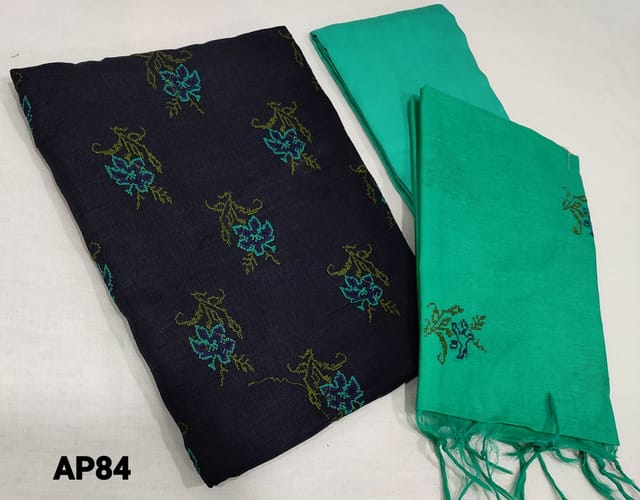 CODE AP84 :Navy Blue Fancy Kota Silk Cotton unstitched Salwar material(course fabric, lining required) with embroidery work on front side, turquoise green silk cotton bottom, embroidery work on fancy silk cotton dupatta with tassels.