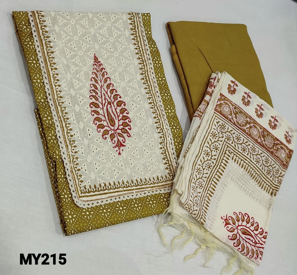 CODE MY215 : Printed mehandhi Yellow soft Cotton unstitched Salwar material(lining required) with block printed and hakoba cutwork on yoke, pure drum dyed cotton fabric provided which can be used as lining or bottom, block printed fancy soft silk cotton dupatta(requires taping)