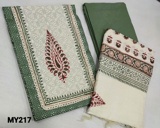 CODE MY217 : Printed Green soft Cotton unstitched Salwar material(lining required) with block printed and hakoba cutwork on yoke, pure drum dyed cotton fabric provided which can be used as lining or bottom, block printed fancy soft silk cotton dupatta(requires taping)
