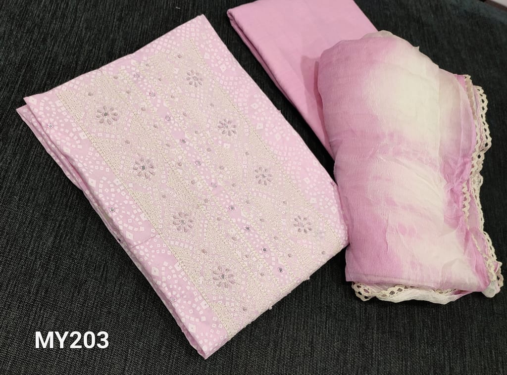 CODE MY203: Printed Pastel Pink soft Cotton unstitched Salwar material( lining required) with thread and faux mirror work on yoke, matching cotton bottom, dual shaded premium chiffon dupatta with lace tapings.