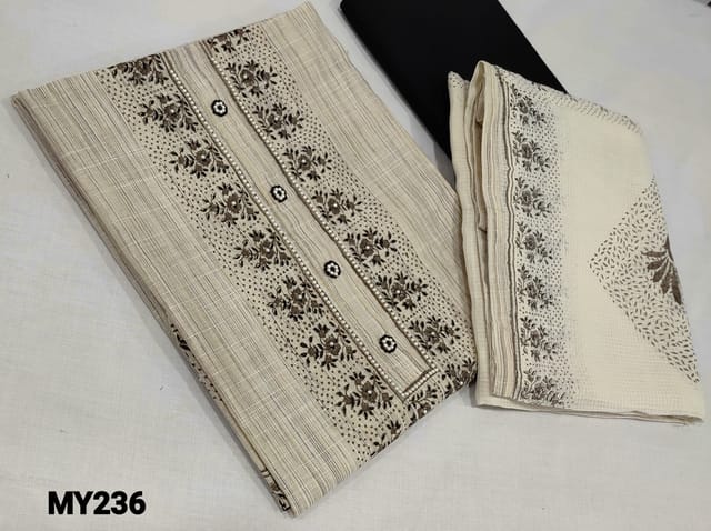 CODE MY236 : Block Printed Light Beige Fancy Silk Cotton Unstitched Salwar material(lining required) with pearl bead work on yoke, black cotton bottom, Block Printed kota cotton dupatta.