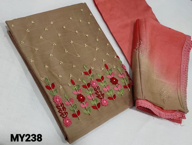 CODE MY238 : Premium Dark Beige Fancy Silk Cotton Unstitched Salwar material(course fabric, lining required) with embroidery and cut bead and sugar bead work on yoke, Peachish pink silk cotton or cotton bottom, Dual Shaded fancy silk Cotton dupatta with embroidery and sequence work with lace tapings