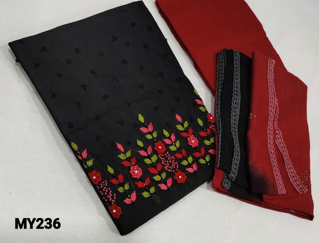 CODE MY236 : Premium Black Fancy Silk Cotton Unstitched Salwar material(course fabric, lining required) with embroidery and cut bead and sugar bead work on yoke, Reddish maroon silk cotton or cotton bottom, Dual Shaded fancy silk Cotton dupatta with embroidery and sequence work with lace tapings