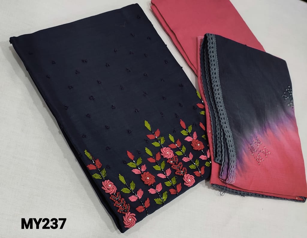 CODE MY237 : Premium Navy Blue Fancy Silk Cotton Unstitched Salwar material(course fabric, lining required) with embroidery and cut bead and sugar bead work on yoke, Pink silk cotton or cotton bottom, Dual Shaded fancy silk Cotton dupatta with embroidery and sequence work with lace tapings