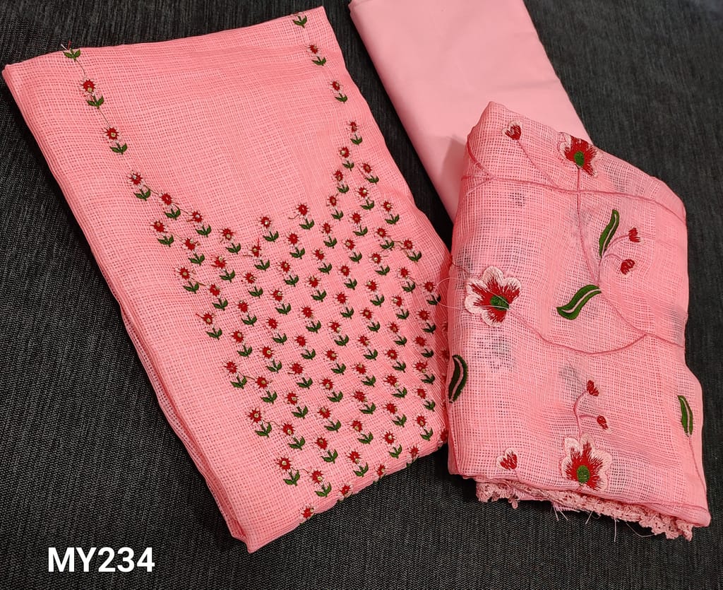 CODE MY234 : Dark Peachish Pink Fancy kota Silk Cotton Unstitched Salwar material(requires lining) thread embroidery and stone work on yoke, cotton bottom, Kota Silk Cotton dupatta with all over embroidery and cutwork on edges