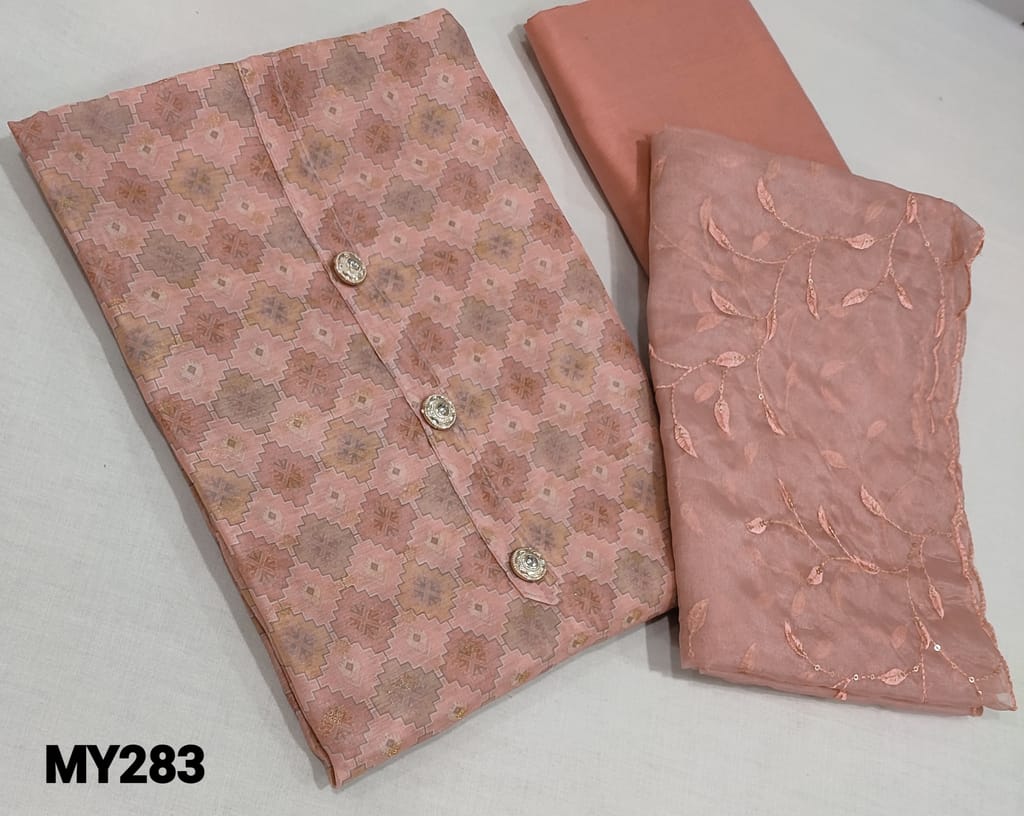 CODEMY283: Designer Digital Printed Pastel PinkSilk Cotton unstitched salwar material(requires lining) with fancy buttons on yoke, matching silk cotton bottom, Pastel Pink organza dupatta with embroidery and sequence work
