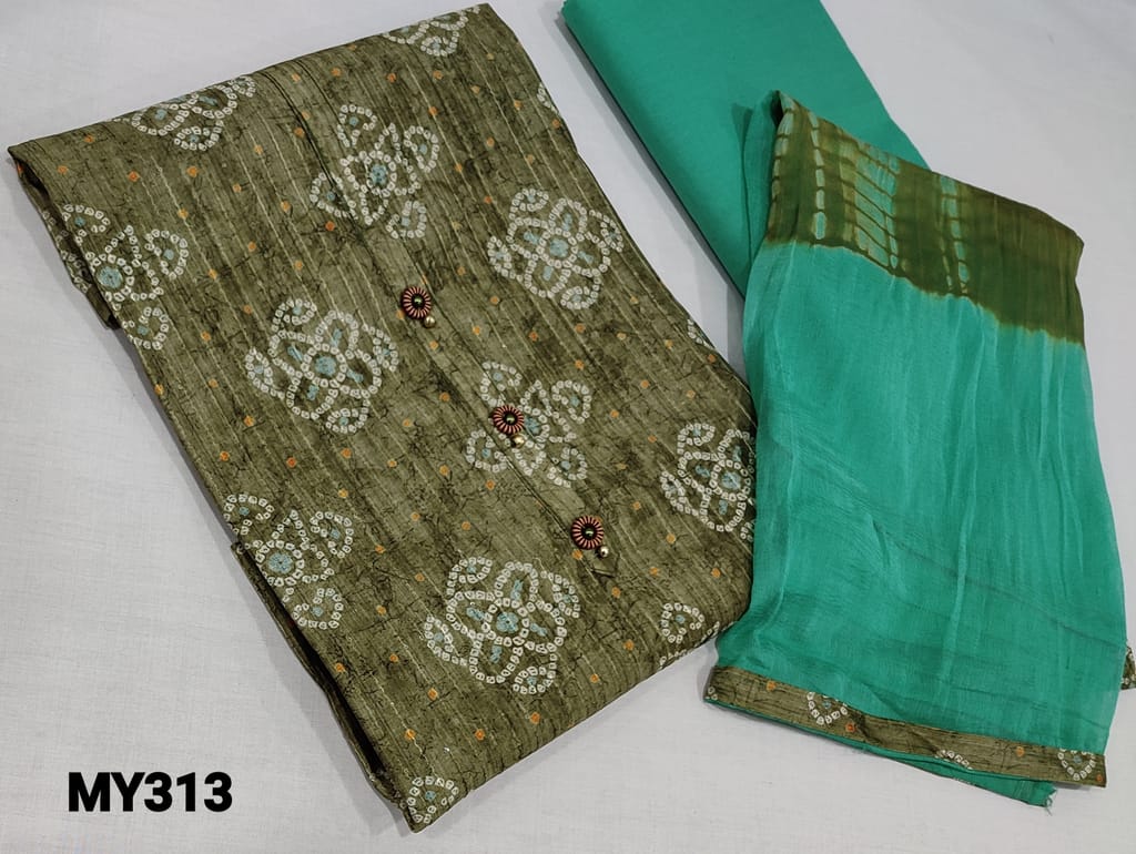 CODE MY313: Digital Printed Mossy Green Silk Cotton  unstitched Salwar materials(lining required) with thread and sequence work on frontside, turquoise green cotton bottom, printed chiffon dupatta with tapings.