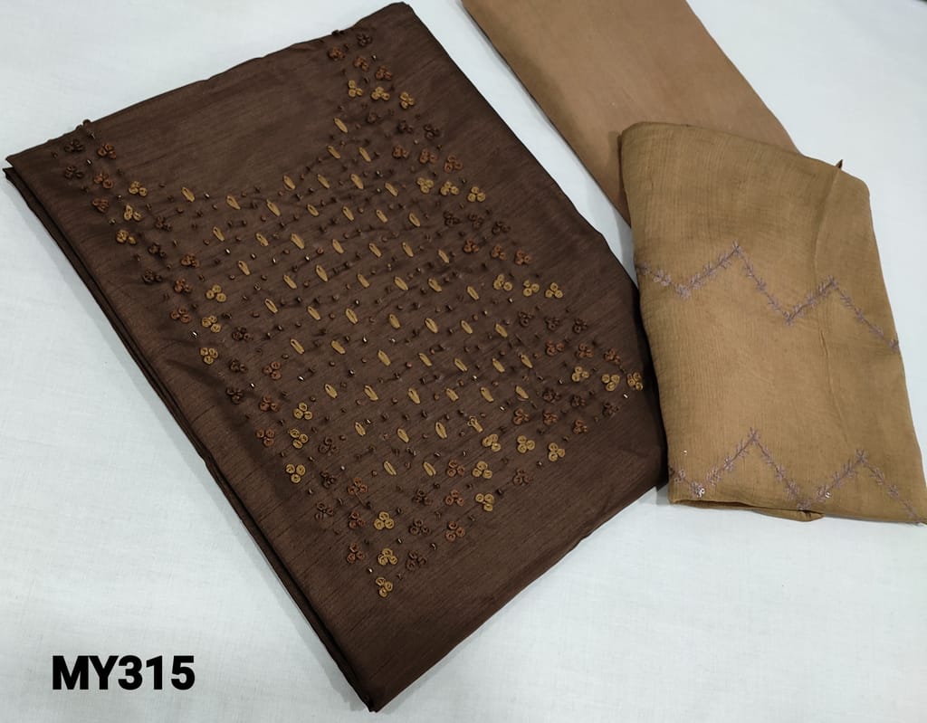 CODE MY315: Dark Brown Silk Cotton unstitched Salwar materials(lining required) with thread and cut bead work on yoke, Light brown soft thin cotton bottom, thread and sequence work on chiffon dupatta with lace tapings.