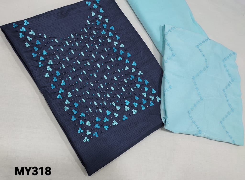 CODE MY318: Navy Blue Silk Cotton unstitched Salwar materials(lining required) with thread and cut bead work on yoke, Light blue soft thin cotton bottom, thread and sequence work on chiffon dupatta with lace tapings.