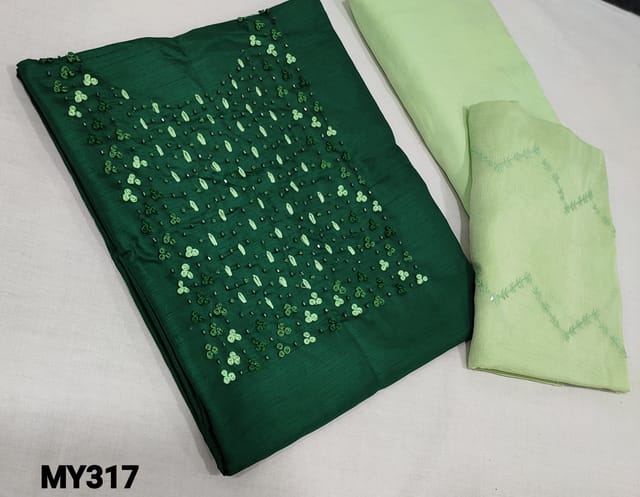 CODE MY317: Dark Green Silk Cotton unstitched Salwar materials(lining required) with thread and cut bead work on yoke, Light green soft thin cotton bottom, thread and sequence work on chiffon dupatta with lace tapings.