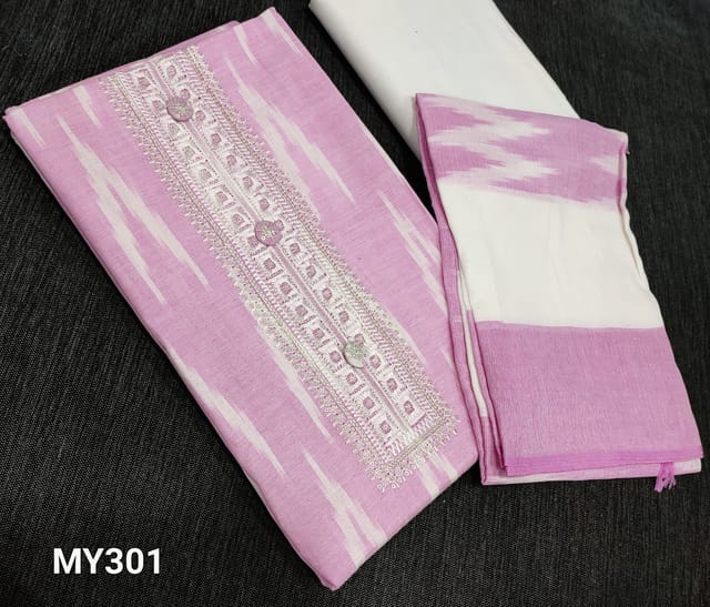CODE MY301 : Purplish Pink Ikkat Woven soft Handloom Cotton unstitched Salwar material(lining optional) with thread, antique sequence, fancy buttons on yoke, half white cotton bottom, ikkat woven soft mul cotton dupatta.