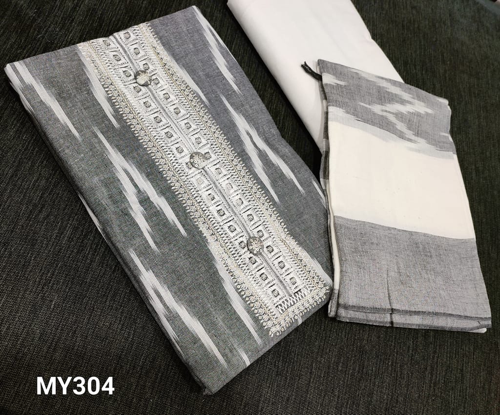 CODE MY304 : Grey Ikkat Woven soft Handloom Cotton unstitched Salwar material(lining optional) with thread, antique sequence, fancy buttons on yoke, half white cotton bottom, ikkat woven soft mul cotton dupatta.
