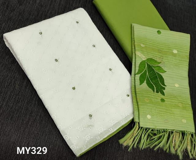CODE MY329 : Premium White Cotton UnStitched salwar material (requires lining) with embroidery and faux mirro work \on front side, green cotton bottom, soft silk cotton dupatta with heavy embroidery work and tassels