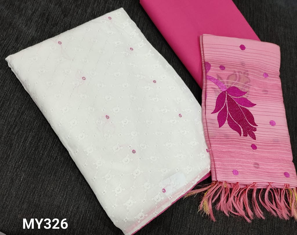 CODE MY326: Premium White Cotton UnStitched salwar material (requires lining) with embroidery and faux mirro work on front side, pink cotton bottom, embroidery work on fancy silk cotton dupatta.