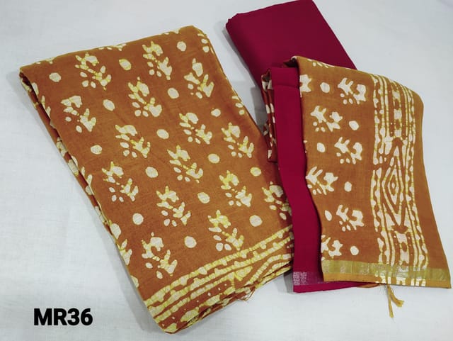 CODE MR36 : Fenugreek Yellow Batik Dyed Linen Cotton unstitched salwar material(soft fabric lining required), dark pink cotton bottom, batik dyed dual shaded linen cotton dupatta with tassels