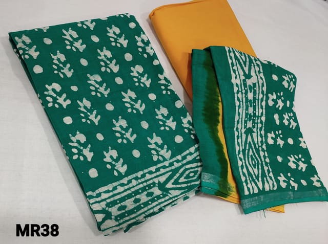 CODE MR38 : Turquoise Green Batik Dyed Linen Cotton unstitched salwar material(soft fabric lining required), fenugreek yellow cotton bottom, batik dyed dual shaded linen cotton dupatta with tassels
