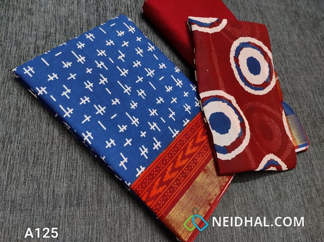 CODE A125 : Block Printed Blue Cotton Unstitched salwar material(there might be variations in print alignment, density due to manual work) , daman patch,  red Cotton Bottom, Block printed (there might be variations in print alignment, density due to manual work) cotton dupatta.(requires taping)