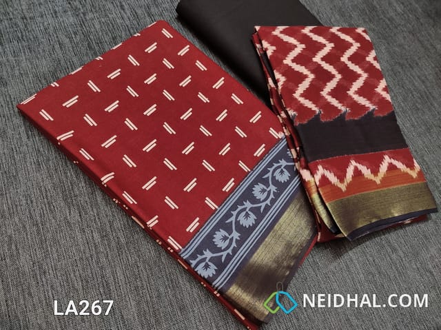 CODE LA267 : Block Printed Red Cotton Unstitched salwar material(there might be variations in print alignment, density due to manual work) , daman patch,  Black Cotton Bottom, Block printed (there might be variations in print alignment, density due to manual work) cotton dupatta.(requires taping)