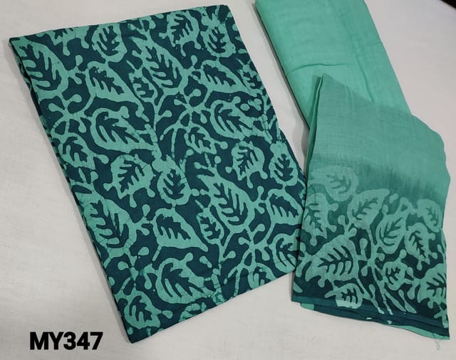 CODE MY347: Batik Dyed Teal Green soft Cotton unstitched Salwar material( lining optional), light sea green cotton bottom, batik dyed mul cotton dupatta(requires taping)
