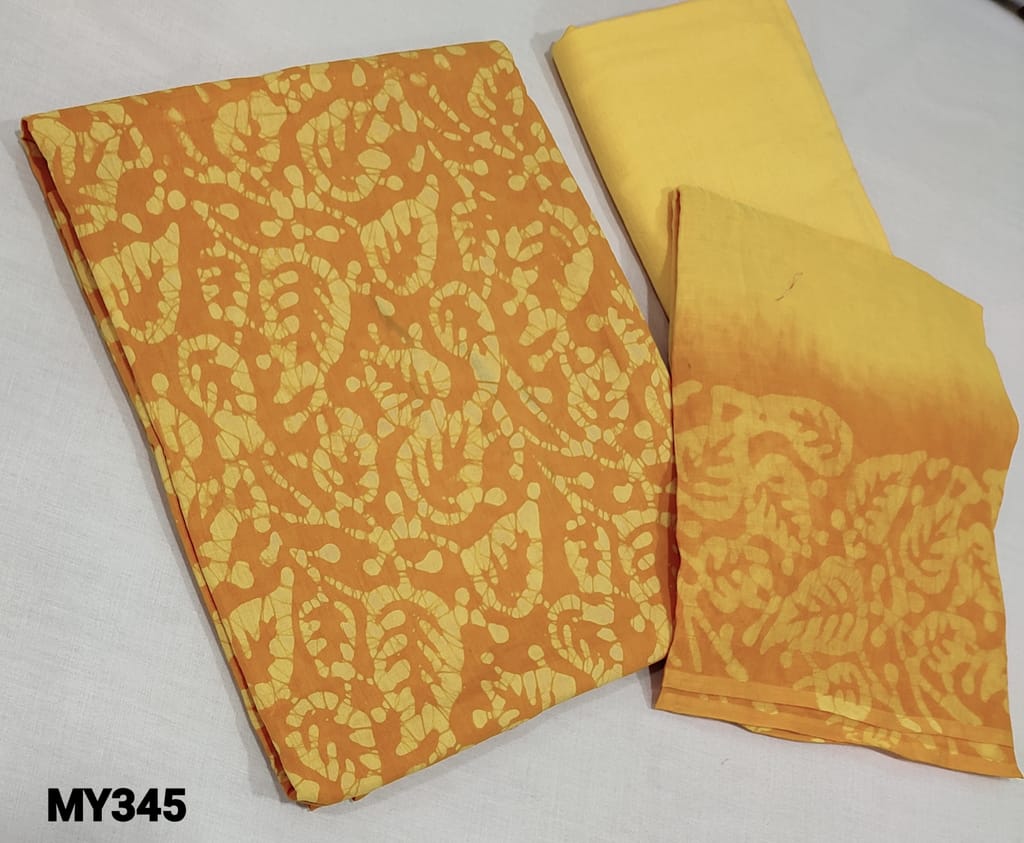 CODE MY345:  Batik Dyed Yellow soft Cotton unstitched Salwar material( lining required), light yellow cotton bottom, batik dyed mul cotton dupatta(requires taping)