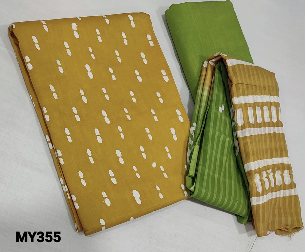 CODE MY355:  Batik Dyed Light Fenugreek Yellow soft Cotton unstitched Salwar material( lining optional), light green cotton bottom, batik dyed dual shaded mul cotton dupatta(requires taping)