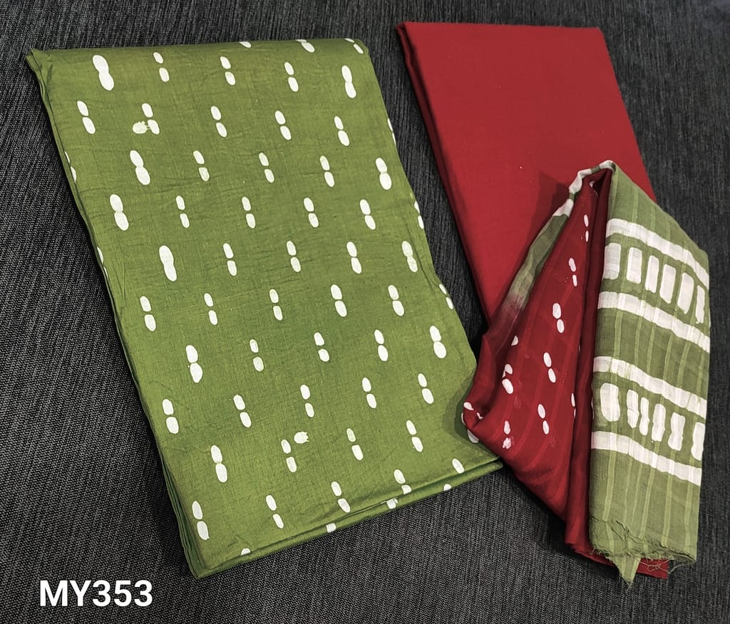 CODE MY353:  Batik Dyed Green  soft Cotton unstitched Salwar material( lining optional), red cotton bottom, batik dyed dual shaded mul cotton dupatta(requires taping)