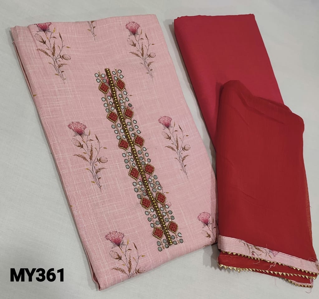 CODE MY361:  Premium Printed pastel Pink Modal fabric unstitched Salwar material( lining optional) with cut bead, sugar bead, thread work on yoke, dark peachish pink cotton bottom, peachish pink chiffon dupatta with gota lace tapings.