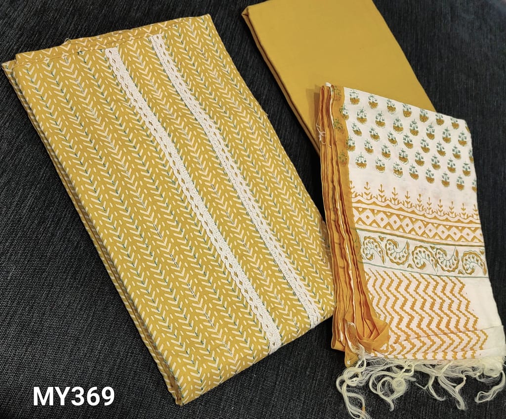CODE MY369 : Printed Light Yellow soft Satin Cotton unstitched salwar material(lining optional) with kantha stitch and sequence work on frontside, lace work on yoke, matching cotton bottom, Block printed soft silk cotton dupatta.