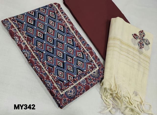 CODE MY342 : Kalamkari Printed Maroon soft Cotton unstitched salwar material(lining optional) with french knot, foil work on yoke, maroon cotton bottom, applique work on silk cotton dupatta with tassels