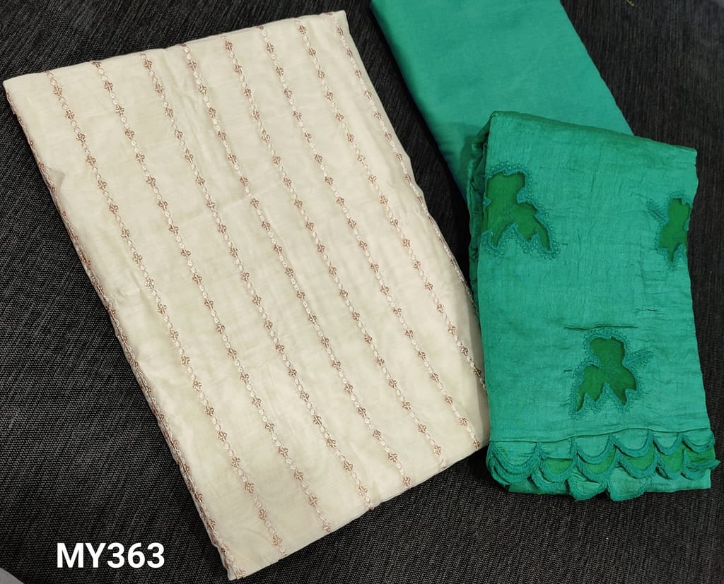 CODE MY363: Designer Ivory Silk Cotton unstitched salwar material(lining required) with heavy thread and sequence work on front side, Turquoise Green Silk cotton bottom, Cut work on silk cotton Dupatta with cut work edges.