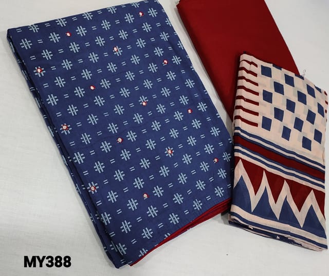 CODE MY388: Block Printed Blue Cotton Unstitched salwar material (requires lining) with faux mirror work on front side, reddish maroon cotton bottom, printed mul cotton dupatta(requires taping)(miss prints not consider at damage)