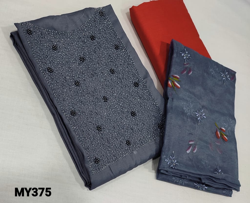 CODE MY375 :Premium Blue Silk Cotton unstitched Salwar material( lining required) with sugar bead and pearl bead work on yoke, red silk cotton bottom, embroidery and brush paint work on organza dupatta