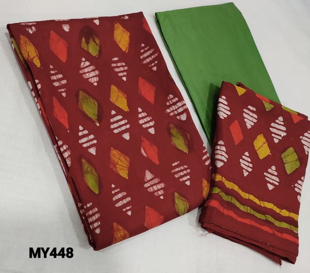 CODE MY448 : Reddish Maroon soft fancy Silk Cotton unstitched Salwar material (requires lining) with colorful original wax batik design allover, Light Green silk cotton bottom, Dual Shaded silk cotton dupatta with sequence and colorful batik design(requires taping)