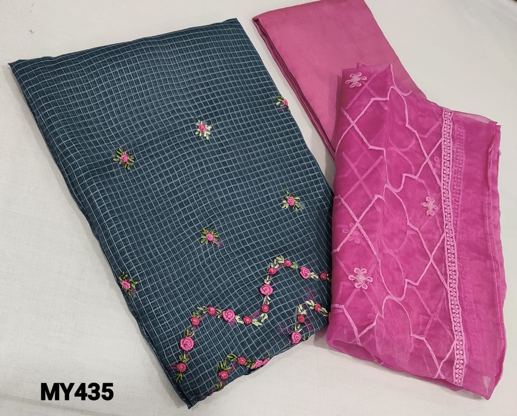 CODE MY435 : Designer checks Blueish Grey Organza unstitched Salwar material(requires lining) with bullion rose embroidery work in daman, pink silk cotton bottom, Organza dupatta with sequence and embroidery work allover.