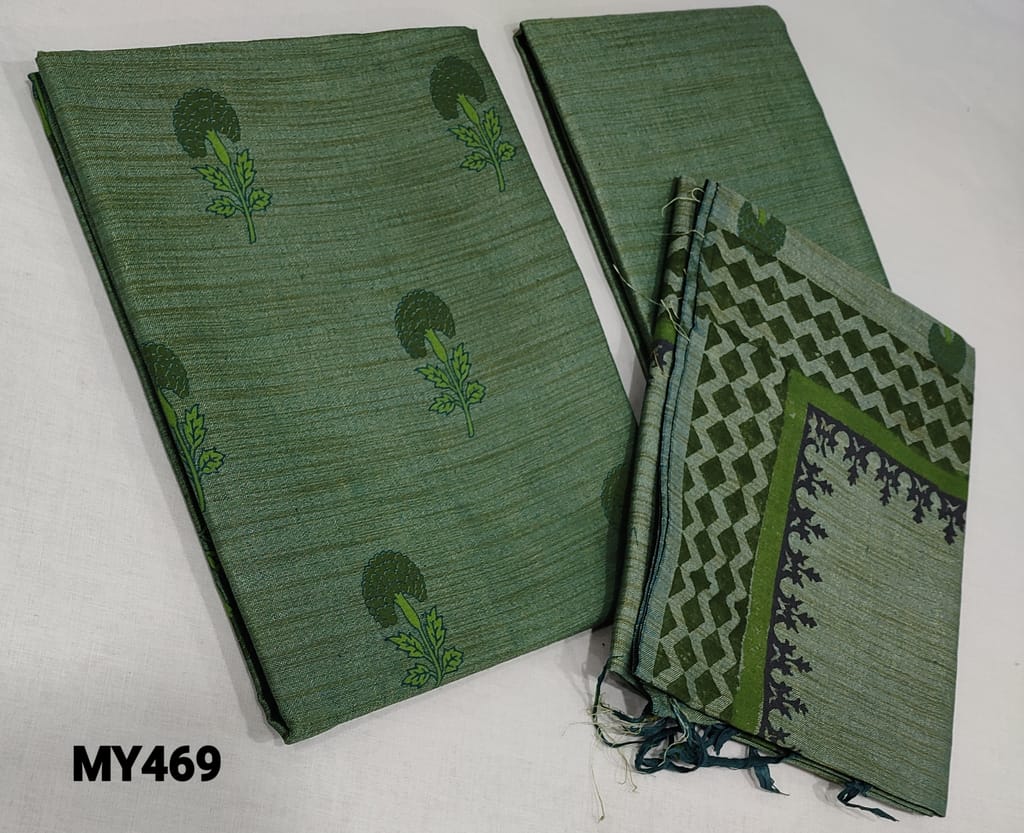 CODE MY469: Printed Green Bhagalpuri jute silk cotton unstitched Salwar material(coarse and textured fabric), matching Bhagalpuri jute silk cotton bottom, Block printed Bhagalpuri jute silk cotton dupatta